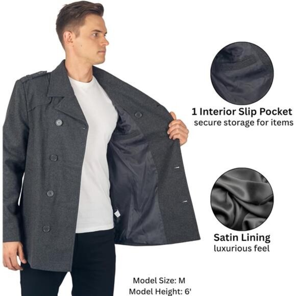 Mens Wool Pea Coat Double Breasted Peacoat Jacket - Picture 3 of 7